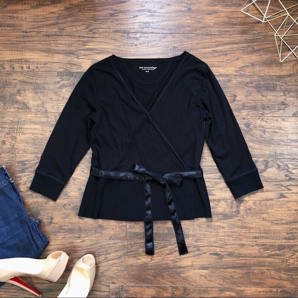 Soft Surroundings • black knit wrap top tie waist surplice ribbon belt - Picture 1 of 8
